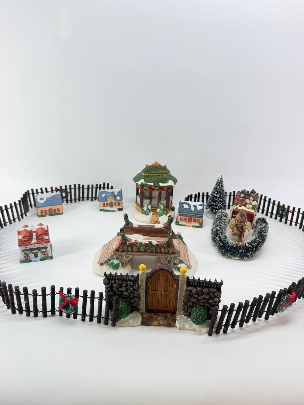 Christmas Village Ceramic Houses Gazebo Sleigh Fence Trees Holiday Decor Set